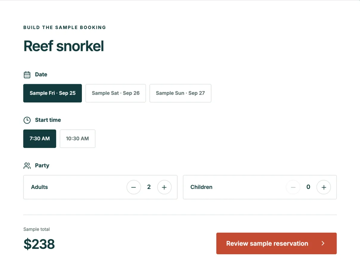 Musa's sample booking for a reef snorkel: date, start time and party choices, a sample total of $238 and a Review sample reservation button.