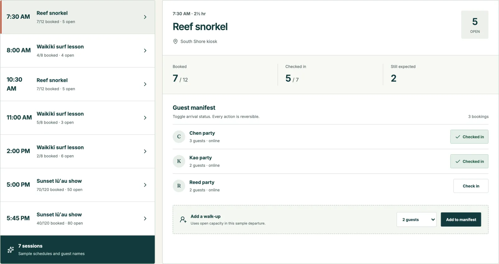 Musa's sample operator day: a list of departures beside the Reef snorkel guest list, with booked, checked-in and still-expected counts and a button to add a walk-up.