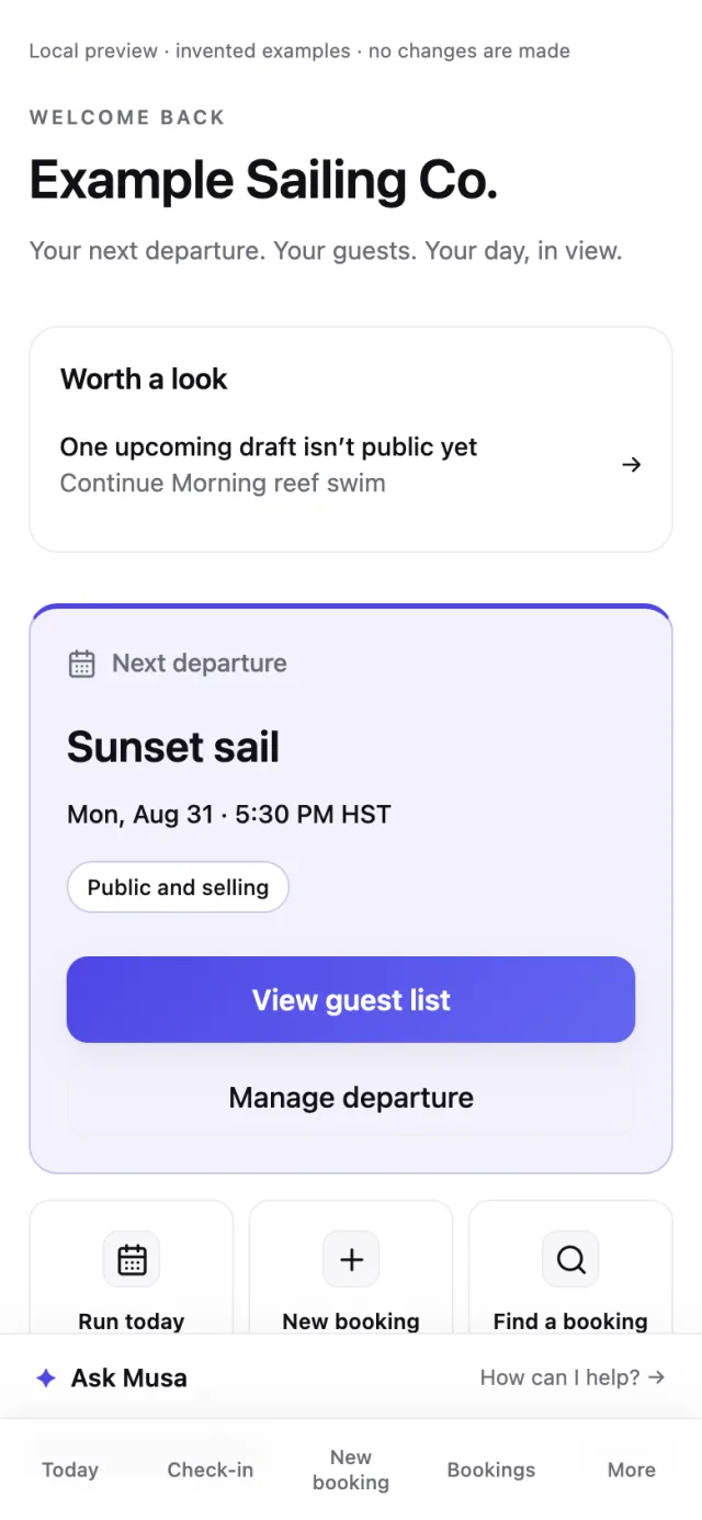 Musa's operator home on a phone: the next departure with a View guest list button, shortcuts for today, new booking and find a booking, and the Ask Musa bar.